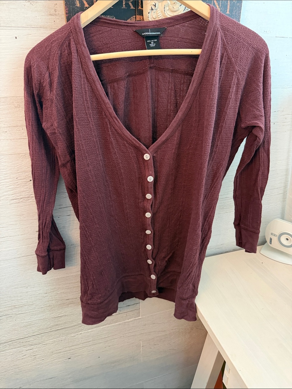 Moda International Plum Button Down V neck 100% Cotton Knit Cardigan